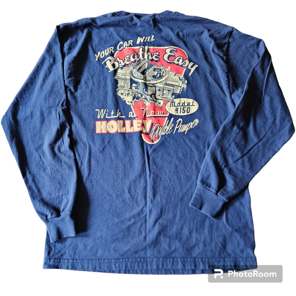 Hanes Holley Double Pumper Carburetor Long Sleeve Shirt Navy Size Large
